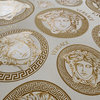 Medusa head Versace Off white gold metallic greek key circles textured Wallpaper, 27 Inc X 33 Ft Roll