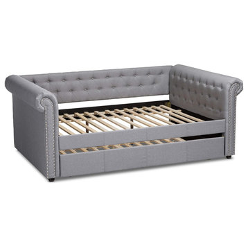 Queen Daybed, Button Tufted Upholstery With Rolled Arms & Trundle, Gray