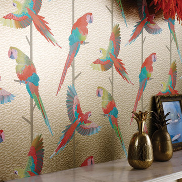 Wohnzimmer Tapete gold mit Papageien - Livingroom Wallpaper Arini