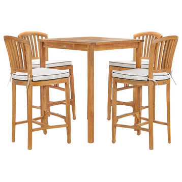 5Piece Teak Wood Orleans Patio Bistro Bar Set With 35" Square Table, 4 Barstools