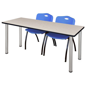 66"x24" Kee Training Table, Maple/Chrome and 2 "M" Stack Chairs, Blue