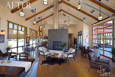 Mid-sized mountain style living room photo in Boise with a two-sided fireplace and a tile fireplace