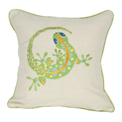 Xia Home Fashions - Square Coastal Embroidered Gecko Feather Filled Throw Pillow - Decorative Pillows