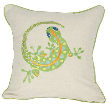 Square Coastal Embroidered Gecko Feather Filled Throw Pillow