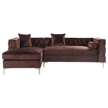 L-Shaped Sofa, Button Tufted Velvet Seat With Nailhead Trim, Brown, Left Facing