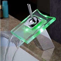 Contemporary Color Changing LED Glass Spout Waterfall Bathroom Sink Faucet - T08 - Bathroom Sink Faucets