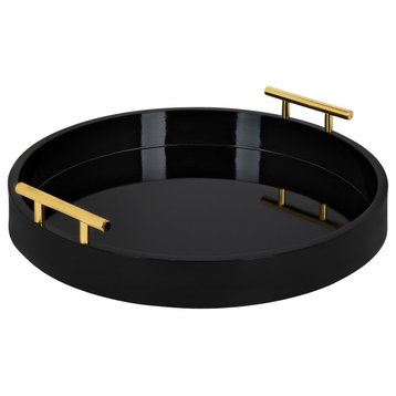 Lipton Round Decorative Tray with Metal Handles, Black/Gold 18" Diameter