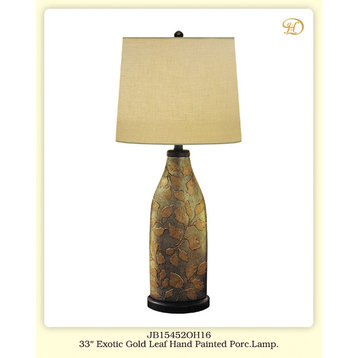 Exotic Gold Leaf Hand Painted Porcelain Lamp, 33"