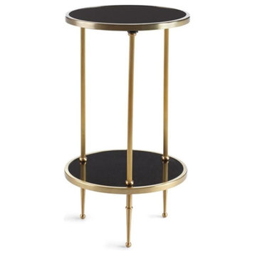 Elegant Round 2 Tiered Accent Table, Two Shelf Gold Black Granite Pedestal