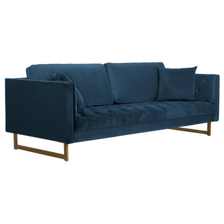 Lenox Blue Velvet Modern Sofa with Brass Legs, Natural Color