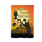 Breeze Decor - Halloween Jeepers Creepers 2-Sided Impression Garden Flag - Size: 13 Inches By 18.5 Inches - With A 3" Pole Sleeve. All Weather Resistant Pro Guard Polyester Soft to the Touch Material. Designed to Hang Vertically. Double Sided - Reads Correctly on Both Sides. Original Artwork Licensed by Breeze Decor. Eco Friendly Procedures. Proudly Produced in the United States of America. Pole Not Included.