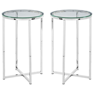 Pemberly Row Modern Glam Metal-X-Leg End Table Set in Glass/Chrome (Set of 2)
