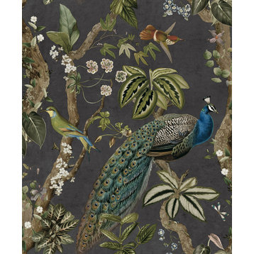 Climbing Peacock & Climbing Florals Printed Tropical Wallpaper 57 Sq. Ft., Charcoal, Double Roll