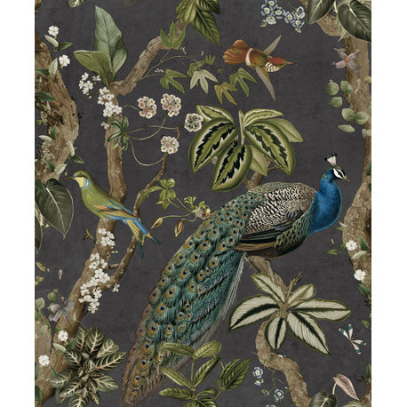 Climbing Peacock & Climbing Florals Printed Tropical Wallpaper 57 Sq. Ft., Charcoal, Double Roll