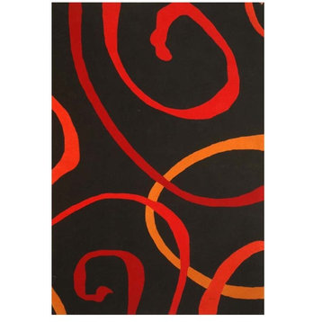 Swirls Hand-Tufted Wool Rug, Black and Red, 5'x8'