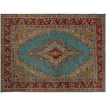 Bareens Designer Rugs - Distressed Soliz Blue/Red Wool Rug - 8'0'' x 11'10'' - A mesmerizing addition to any decor, this brand-new hand knotted vintage wool rug featuring vibrant colors and a traditional design is made by skilled artisans capable of creating the most exceptional Persian knotted rugs. Harnessing the natural energy of the sun, each rug is organically neutralized from its original color, distressed and then saturated in an infusion of a bold vibrant color pallet to give it a fresh perspective and modern appeal. This masterpiece draws its inspiration from traditional and timeless rug designs, which provides both harmony and contrast bringing a phenomenal twist in any decor. An intricate design and exquisite coloration make this wool rug a standout piece for any room.
