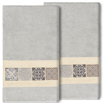 100% Turkish Cotton Vivian 2-Piece Embellished Bath Towel Set, Light Gray