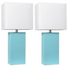 Elegant Designs Set of 2 Modern Leather Table Lamps, White Fabric Shades, Aqua