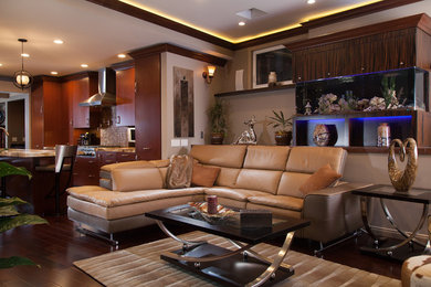 Family room - huge contemporary open concept dark wood floor and brown floor family room idea in Orange County with a music area, gray walls, no fireplace and a wall-mounted tv