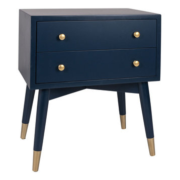 Knox 2 Drawer Side Table With Brass Accents, Navy Blue