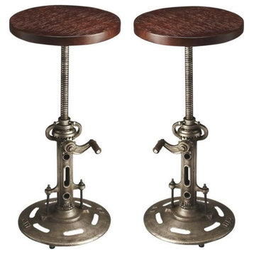 Home Square 2 Piece Industrial Chic Adjustable Bar Stool Set in Dark Brown