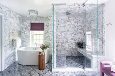 Example of a large trendy master gray tile and marble tile marble floor, gray floor and double-sink bathroom design in Chicago with flat-panel cabinets, medium tone wood cabinets, white walls, an undermount sink, quartz countertops, a hinged shower door, white countertops and a built-in vanity