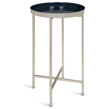 Kate and Laurel Celia Round Metal Foldable Tray Accent Table, Silver/Navy Blue