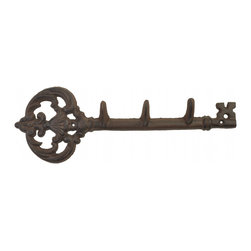 Import Wholesales - Cast Iron Wall Hook Rack, Antique Skeleton Key Style, 3 Hooks, 11.5" Long - Decorative Objects And Figurines