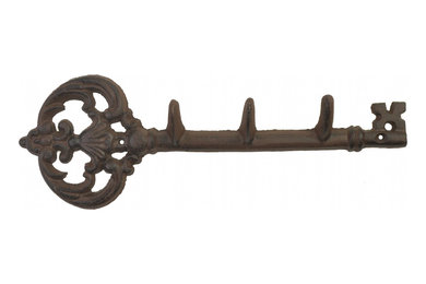 Cast Iron Wall Hook Rack, Antique Skeleton Key Style, 3 Hooks, 11.5" Long