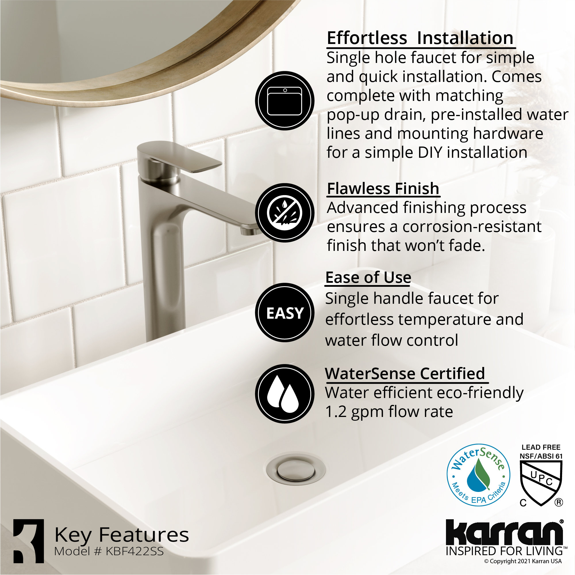 Karran White Acrylic 16" Square Vessel Sink With Faucet Kit, Stainless Steel