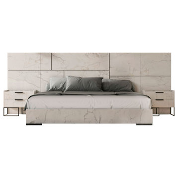 Nova Domus Marbella Italian Modern White Marble Bed With 2 Nightstands, Eastern