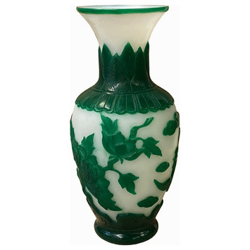 Chinese Peking Glass Green and White Hand Carving Phoenix Vase