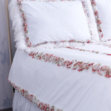 White Duvet Cover with Colorful Rosettes & Feather Trim