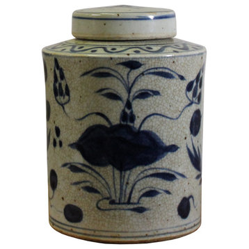 Chinese Beige Crackle Ceramic Flower Birds Graphic Container Urn Jar Hws487