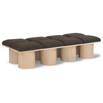 Meridian Furniture - Pavilion Black Boucle Fabric Bench, Brown, Natural Finish, 72" W X 31" D X 17.5" H - Bring valuable seating and remarkable style to your space with this Brown Pavilion boucle fabric bench, an exquisite balance of style and usability for the entryway, bedroom, and beyond. Crafted from oak veneer with a natural finish, this bench has a 4-inch-thick seat cushion that's channel-tufted for a touch of luxury. The bench's columnar bases add a dash of art deco design, making it a captivating focal point in any room.