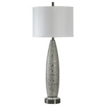 StyleCraft Home Collection - Metallic Ceramic Lamp on Acrylic Base Fabric Shade - The sleek and contemporary Kettering ceramic table lamp features shimmering mirrored accents on its silver body. Made with a gently tapered profile, this lamp is mounted on a round base with a minimalist metal finial. To bring its modern feel together, it comes topped with a white round hardback shade.