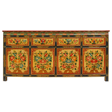 Chinese Tibetan Color Flower Graphic Credenza Sideboard Console Cabinet Hcs5939