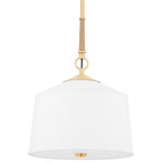 Hudson Valley Lighting - White Plains 1-Light Pendant Aged Brass - A classic shape with luxury details, White Plains is the perfect piece for transitional interiors. The clean, crisp white linen shade blends beautifully with the sleek solid brass metalwork and natural wrapped rattan for a look that is warm yet modern. Choose from a sconce, semi-flush, pendant and linear in an Aged Brass finish.