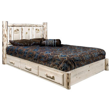 Montana Woodworks Pine Wood Queen Platform Bed with Engraved Design in Natural