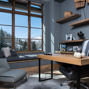 デンバーの中サイズのモダンスタイルのおしゃれな書斎 (グレーの壁、無垢フローリング、暖炉なし、自立型机、茶色い床) の写真