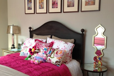 Kids' room - mid-sized traditional girl carpeted and brown floor kids' room idea in Chicago with brown walls