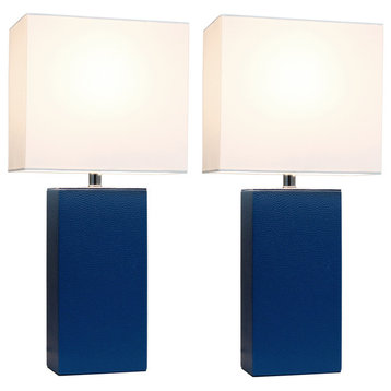 Elegant Designs Set of 2 Modern Leather Table Lamps, White Fabric Shades, Blue