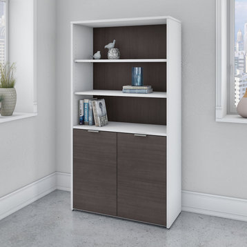 Jamestown 5-Shelf Bookcase With Doors, Storm Gray and White