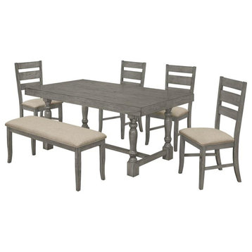 Rustic Gray Wood 6pc Dining Set with Table + Beige Chairs + Bench