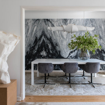 Dining Room with Corian Table and Black-and-White Wall Surface