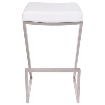 26" Backless Barstool, Brushed Stainless Steel Finish With White PU Upholstery
