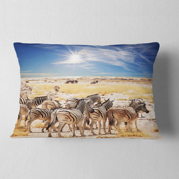 Beautiful Herd of Zebra on Bright Day African Wall Throw Pillow, 12"x20"