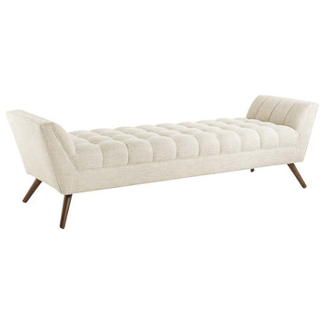 Mid Century Accent Bench, Angled Legs & Button Tufted Polyester Seat, Beige