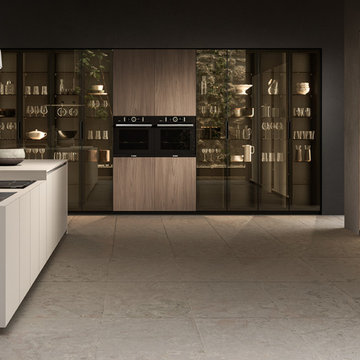 Matte White and Wood Kitchen Cabinets with Pantry Black Metal Frame Glass Doors