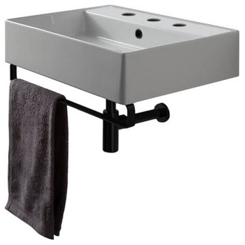 Square Wall Mounted Ceramic Sink With Matte Black Towel Bar, Three Hole